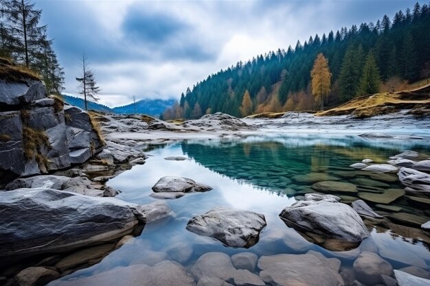 Beautiful landscape of a small turquoise alpine lake under the cloudy sky