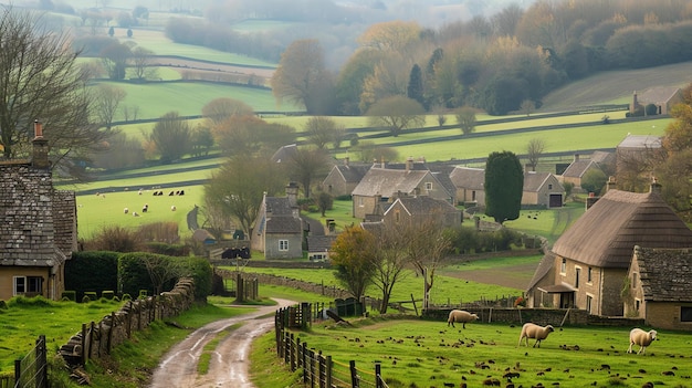 Photo a beautiful landscape of a small village in the countryside the stone cottages are surrounded by lush green fields and rolling hills