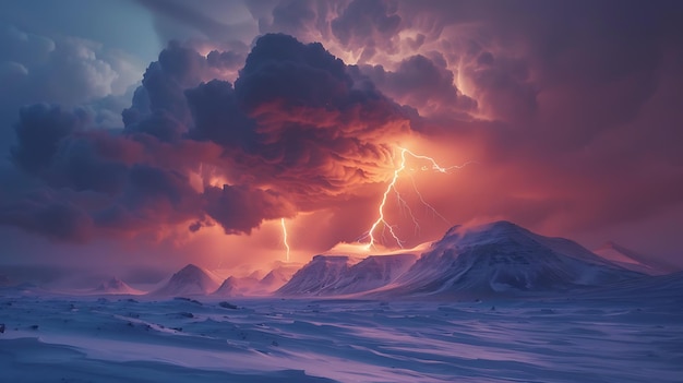 A beautiful landscape of a snowcapped mountain range during a lightning storm