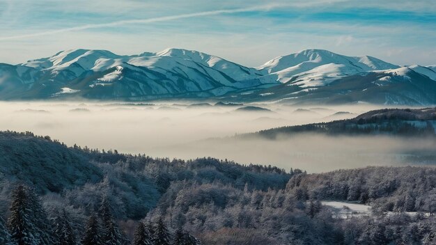 Beautiful landscape of snowy mountains and fog between peaks