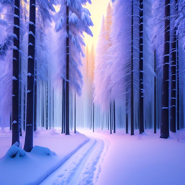 Beautiful landscape of snowy winter forest in frosty day