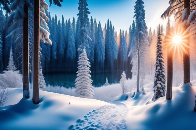 Beautiful landscape of snowy winter forest in sunny frosty day