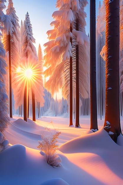 Beautiful landscape of snowy winter forest in sunny frosty day