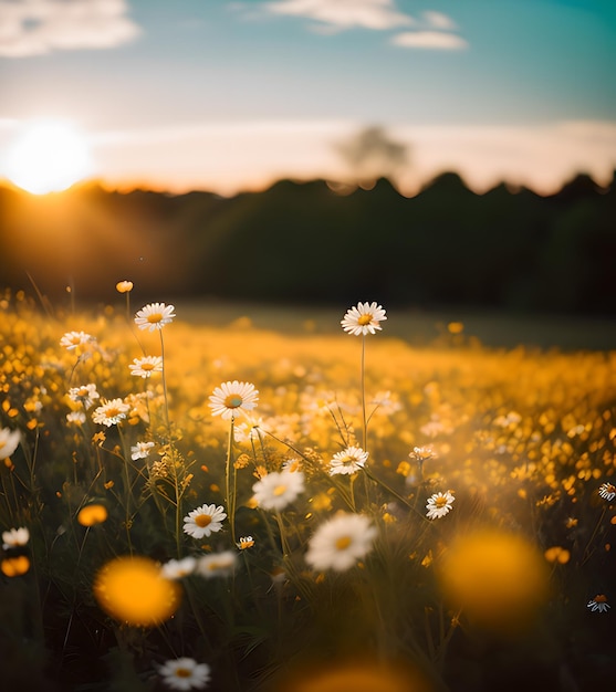 Photo beautiful landscape of spring flowers with daisies