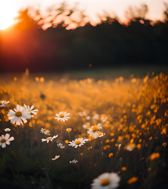 Beautiful landscape of spring flowers with daisies