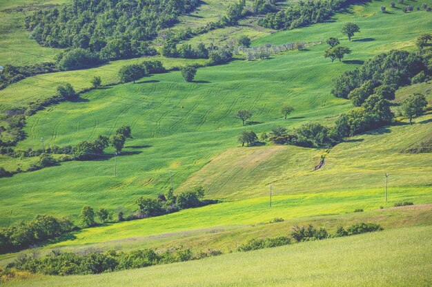 Beautiful landscape spring nature View from above of sunny fields on rolling hills in Tuscany Italy