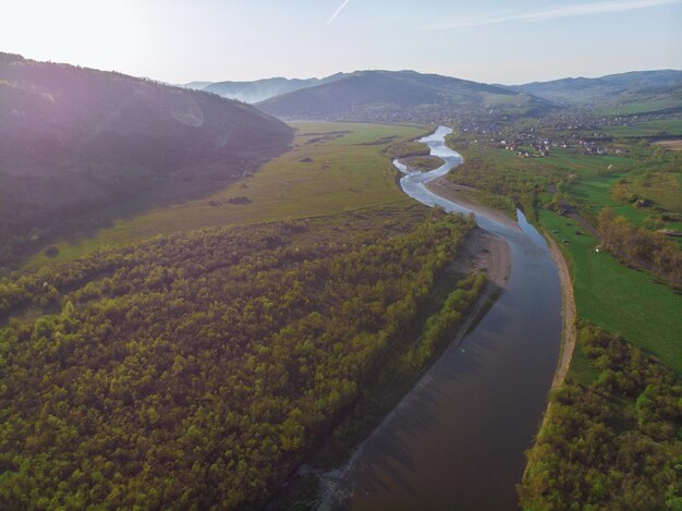 Beautiful landscape sunset over carpathian mountains aerial view