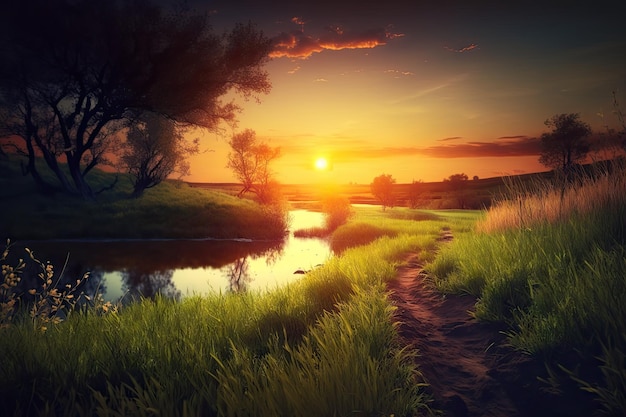 Beautiful landscape of sunset in grass on spring day