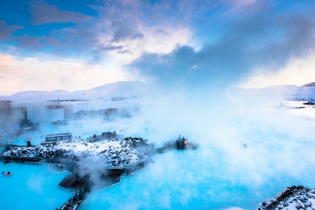 Beautiful landscape and sunset near Blue lagoon hot spring spa in Iceland 