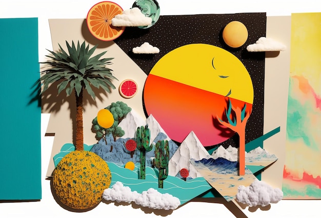 Beautiful landscape trendy art paper collage design Generative ai