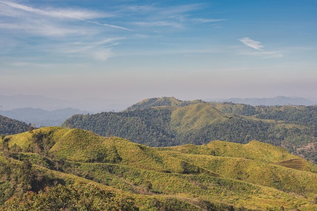 Beautiful landscape view and layers mountains on khao khao chang phueak mountianThong Pha Phum National Park's highest mountain is known as Khao Chang Phueak