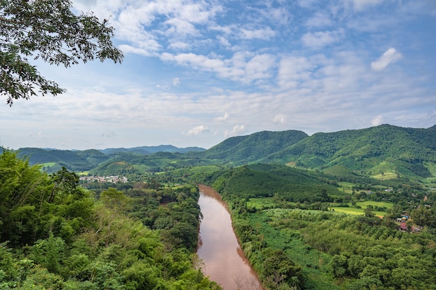 Beautiful landscape view of mekong river from Chiangkhan Glass skywalk at  Phu khok ngio big buddha chiang khan district loei thailand.New landmark of chiangkhan district