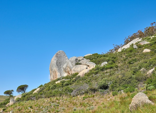 Beautiful landscape view of a mountain covered in lush green plants with a blue sky on a summer day Peaceful and scenic peak or hills surrounded by nature outdoors on a sunny spring afternoon