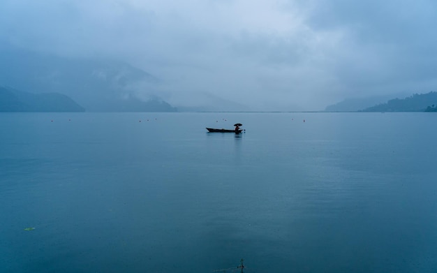 Beautiful Landscape view of Phewa Lake during monsoon season in Pokhara Nepal