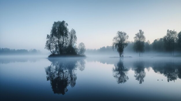 Beautiful landscape view of pine forest tree and lake view with sun glow and fog over a lake Lakeshore generative AI