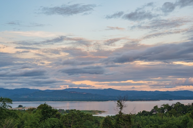 Beautiful landscape view and sunset from viewpoint of  Huai mae khamin waterfall Srinakarin national park at Kanchanaburi thailand.