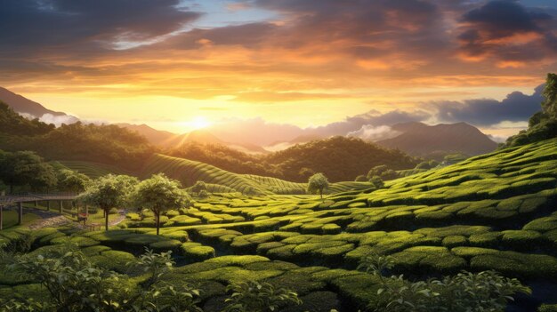 Beautiful landscape view of tea plantation on a sunset