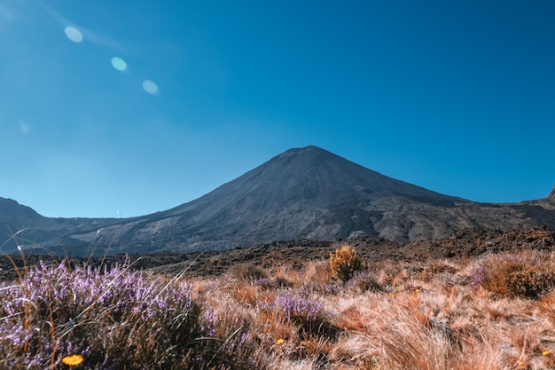 Beautiful Landscape view of Tongariro Crossing track on a beautiful day with blue sky, North Island, New Zealand..