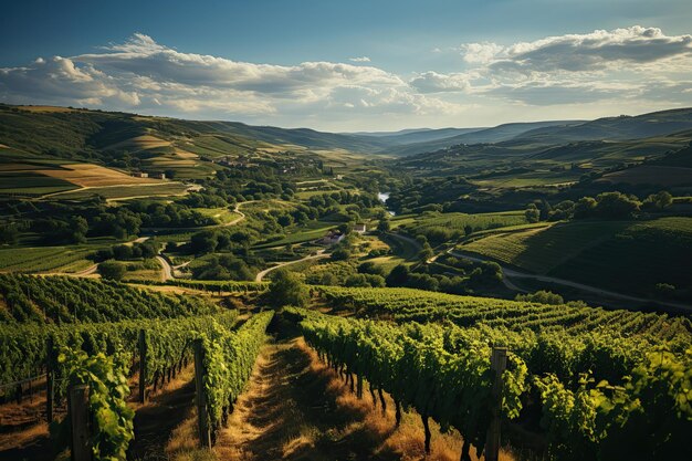 Photo beautiful landscape of vineyards in european region in summer season comeliness beautiful vineyards with blue sky and old house generative ai