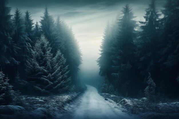 A beautiful landscape of a winter landscape with snow covered trees and mountains in the background