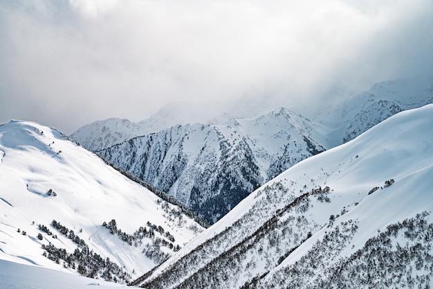 Beautiful landscape winter sunny day on snowy mountain in ski resort Arkhyz Caucasus mountains Russia