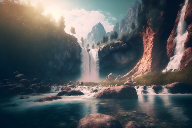 Photo beautiful landscape with big waterfall in sunny summertime neural network generated art