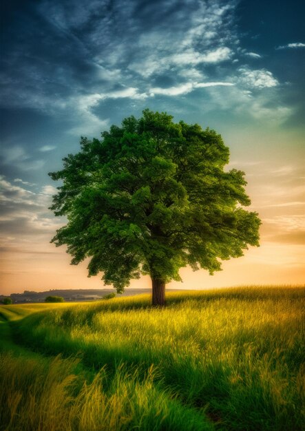 Un bellissimo paesaggio con cielo blu e nuvole e un albero e erba intorno come per la cornice fotografica