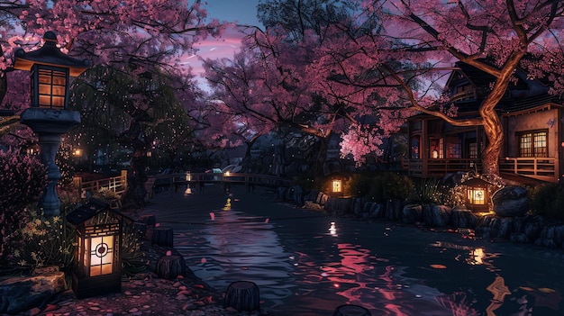 A beautiful landscape with cherry blossom trees and a traditional Japanese house