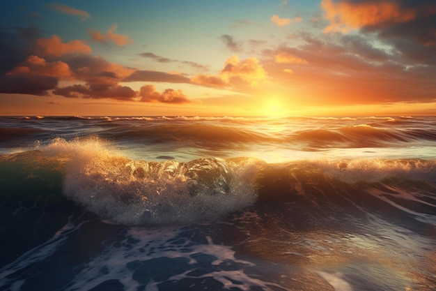 ビーチの光にカラフルな海の波の海の夕日と背景の夏の気分生成 AI の雲と美しい風景