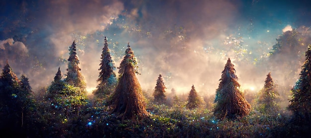 A beautiful landscape with enchanted flowering pines with a\
fantasy concept in spring digital painting background\
illustration