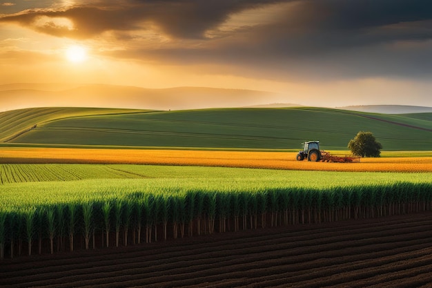 Foto bel paesaggio con un campo di grano verde e un piccolo trattore bel paesaggi con un