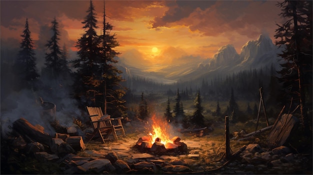 Photo beautiful landscape with a fire in the forest vector illustration