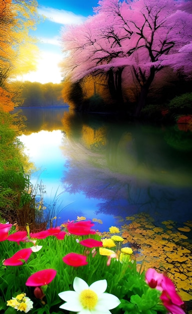 A beautiful landscape with flowers and a lake in the background.