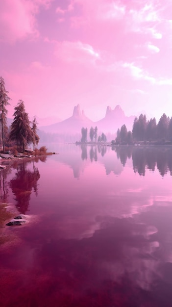 Beautiful landscape with foggy lake and mountains in the background