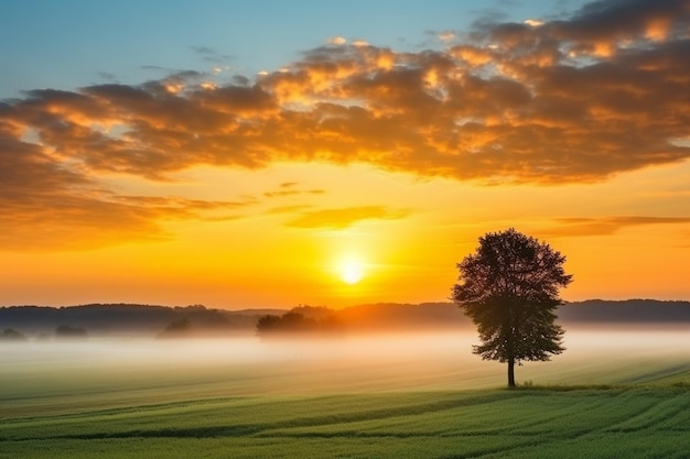 Beautiful landscape with foggy sunrise over the field and trees