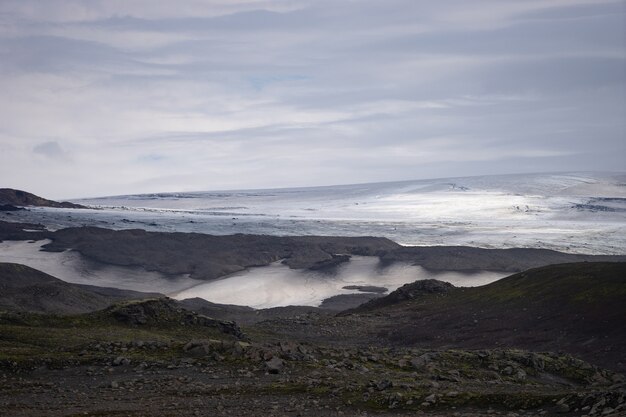 Beautiful landscape with glacier on the Fimmvorduhals trail of summer sunny day, Iceland.