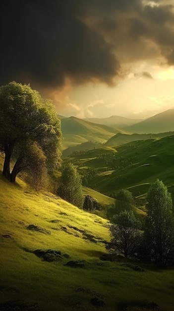 A beautiful landscape with a green hill and a cloudy sky