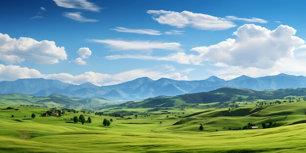 Красивый пейзаж с зелеными лугами и горами под голубым небом