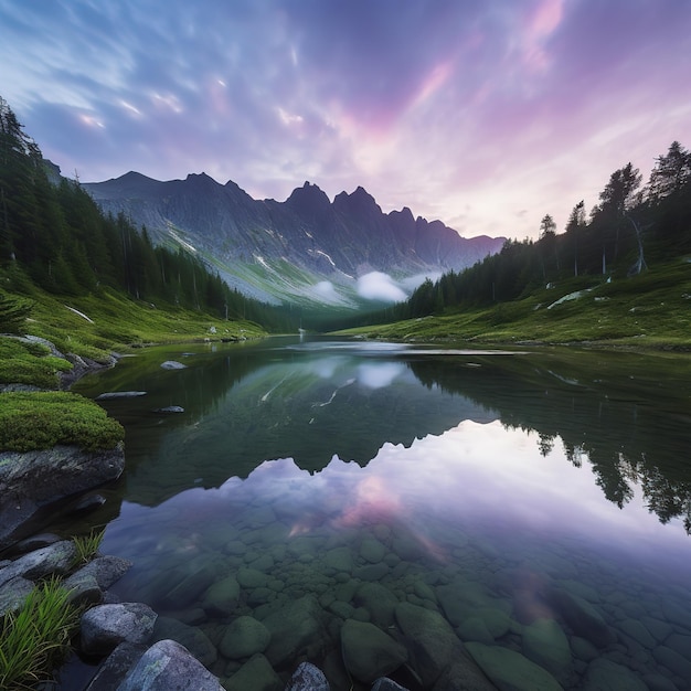 山の湖の反射で照らされたピーク石と高山の美しい風景