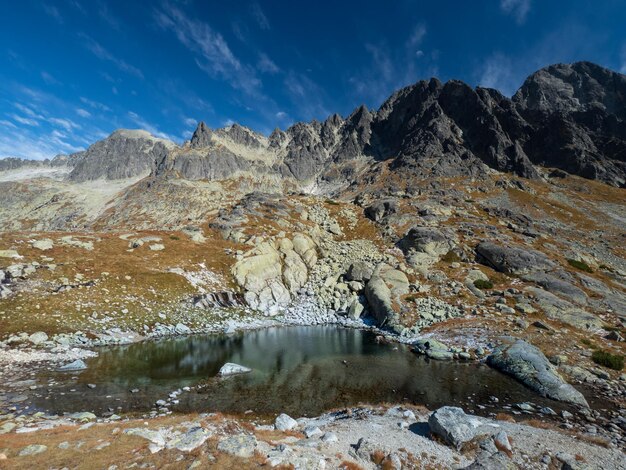 Фото Красивый пейзаж с высокими горами с вершинами камней в горном озере отражение голубого неба