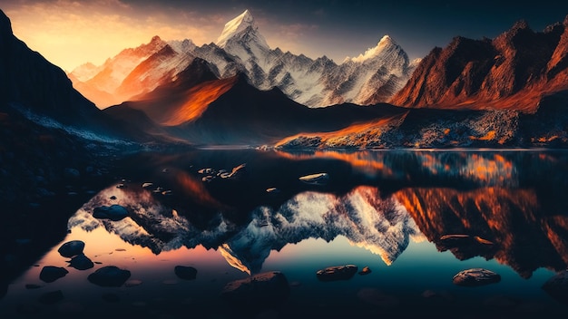 Beautiful landscape with high rocks with illuminated peaks