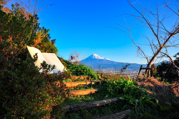 Beautiful landscape with Holy Bible open on a wooden ladder Background with Mount Fuji