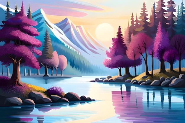 Красивый пейзаж с озерным лесом и горами на закате. Векторная иллюстрация абстрактная.