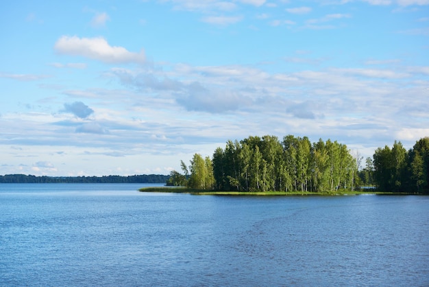 Beautiful landscape with lake forest and sky