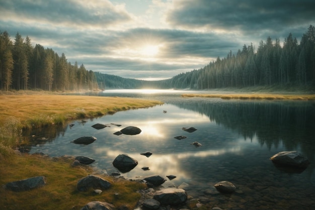Photo beautiful landscape with lake and forest at sunrise retro style