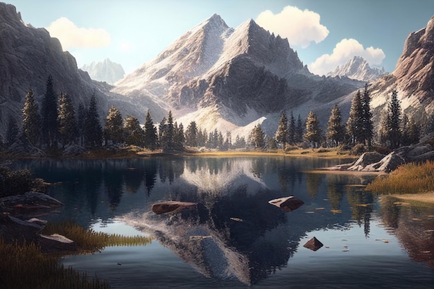 Beautiful landscape with a lake and mountains AI Generated