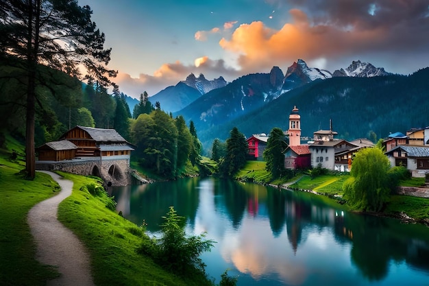 Photo a beautiful landscape with a lake and mountains in the background