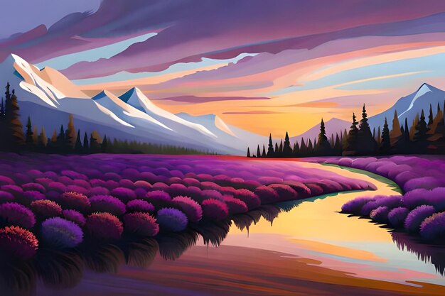 호수 산과 보라색 꽃이 있는 아름다운 풍경 벡터 그림 개요