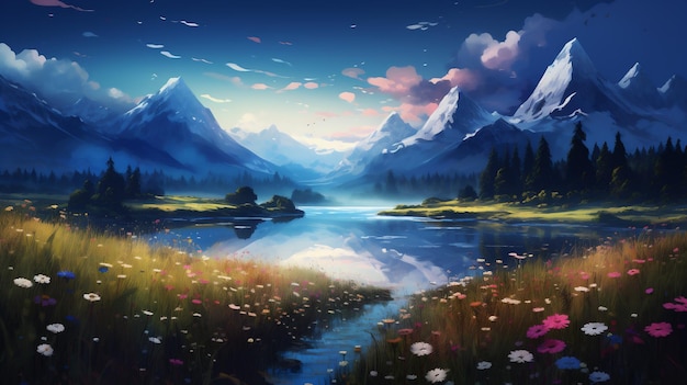 Beautiful landscape with lake mountains and sky