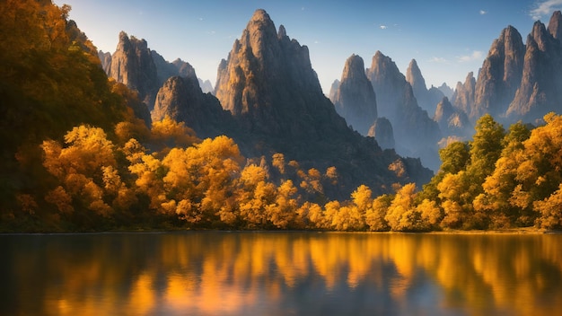 山の中に湖のある美しい風景